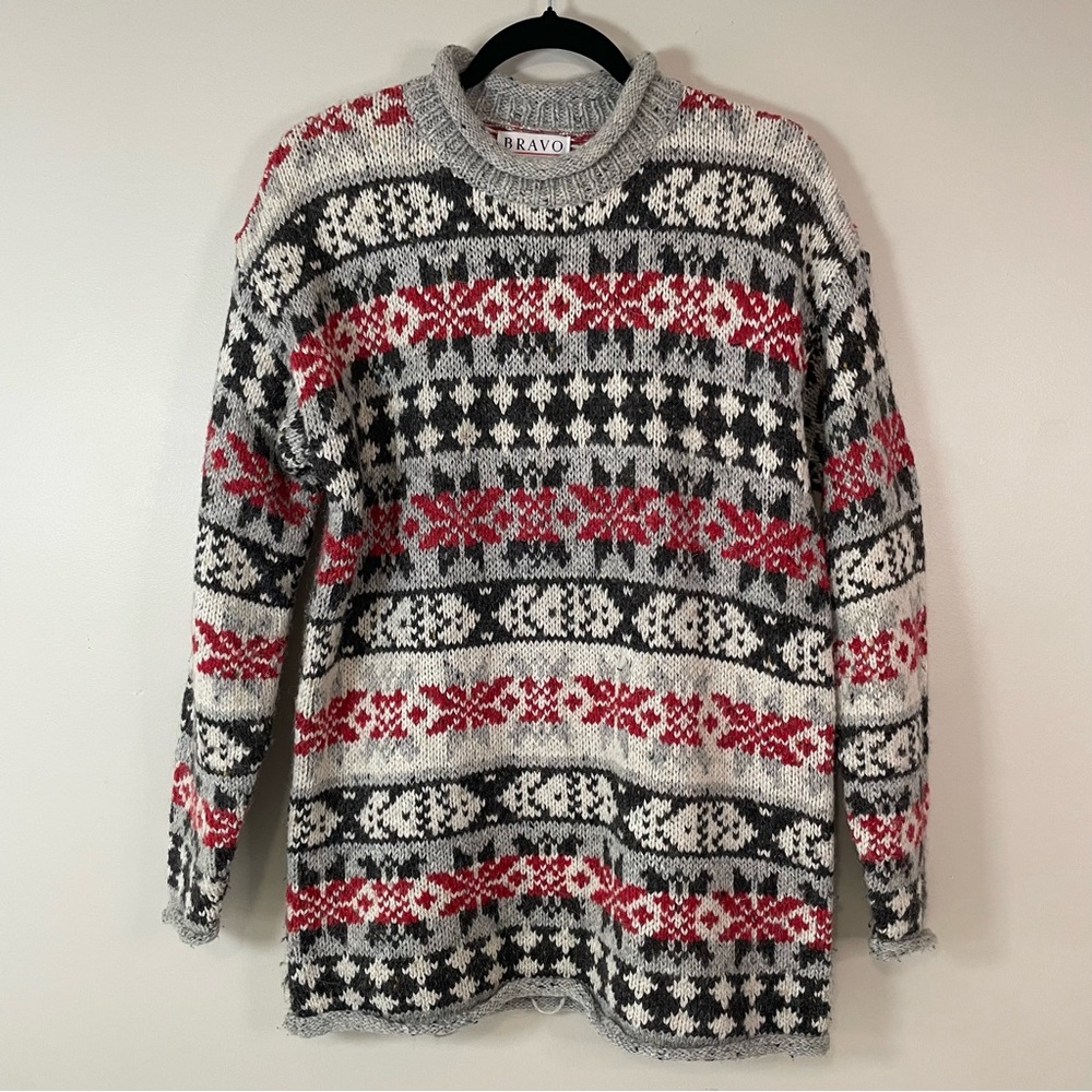 BRAVO Vintage‎ Mens Medium Wool Blend Roll Neck  Sweater Gray Red Snowflakes